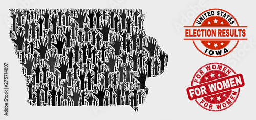 Poll Iowa State map and seal stamps. Red rounded For Women scratched seal. Black Iowa State map mosaic of raised like hands. Vector composition for referendum results, with For Women seal.