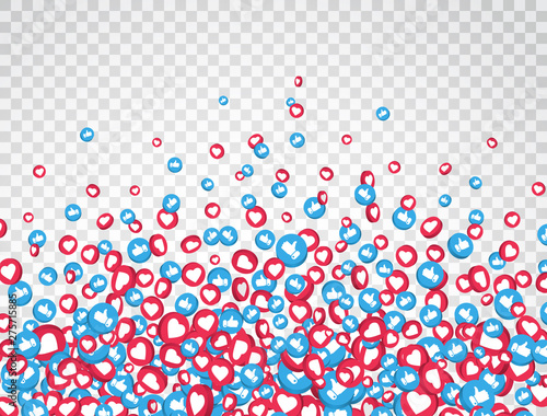 Like and thumbs up icons falling on transparent background. Live stream, video chat. 3d social network symbol. Counter notification icons. Social media elements. Emoji reactions. Vector illustration