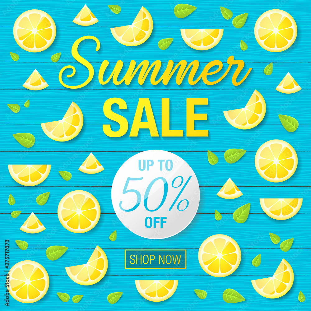 Summer sale discount special offer vector background with lemon slices 