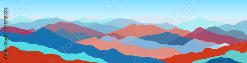 Flat mountain landscape. Color mountains, waves, abstract shapes, modern background, vector design Illustration for you project © alena.art.design