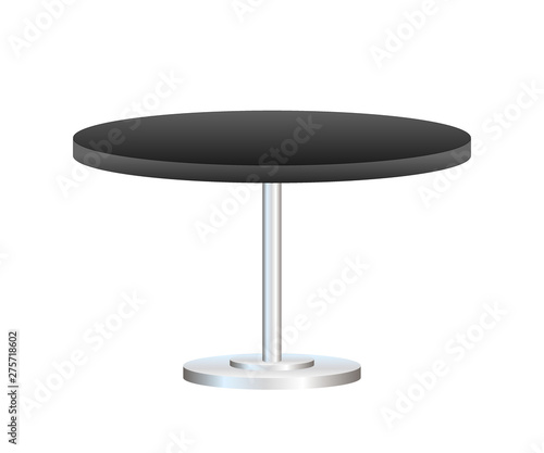 Realistic empty round table with metal stand isolated on white background. Vector stock illustration.