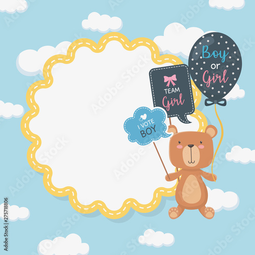 baby shower card with little bear teddy and balloons helium