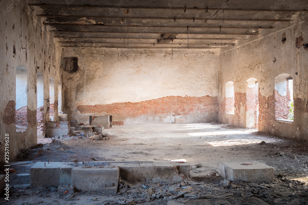 Abandoned factory, run down warehouse, centered space, left perspective, medium close Abandoned factory, run down warehouse, centered space, left perspective, medium close