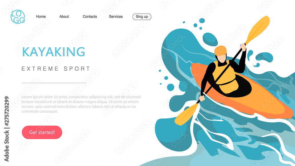 Landing page template of extreme sport kayaking. The Flat design concept of web page design for a kayaking website. - obrazy, fototapety, plakaty 
