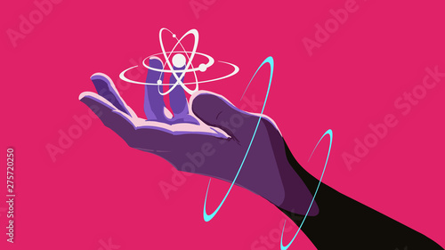 A hand holding a floating atom. Neon rings around the hand. The retro wave in the style of the 80s. Synth wave pink background. photo