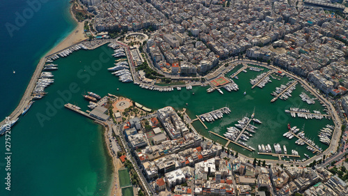 Aerial photo of famous round port of Pasalimani or Zea in the heart of Piraeus as seen from great altitude, Attica, Greece