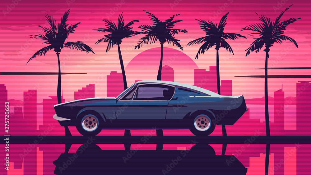 Retro car rides among the palm trees against the backdrop of the sunset in the city. Pink background in the style of retro sythwave 80s. - obrazy, fototapety, plakaty 