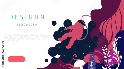 landing page web design, Abstract background with plants and flying in space astronaut. Isolated on white background.