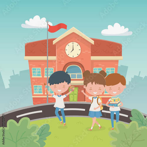 school building with kids in the landscape scene