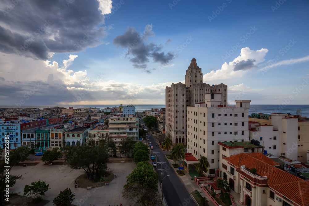 Aerial view of the Havana City, Capital of Cuba, during a vibrant cloudy day.