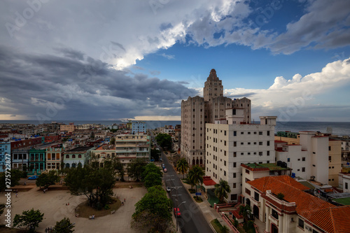 Aerial view of the Havana City, Capital of Cuba, during a vibrant cloudy day.