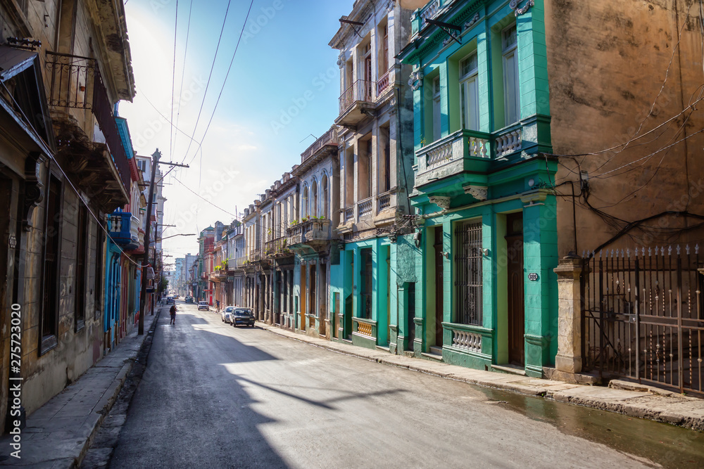 Street view of the Old Havana City, Capital of Cuba, during a bright and sunny morning.