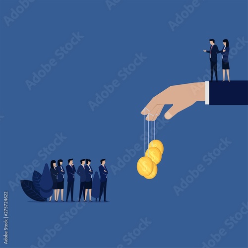 Business boss attract business team with money from big hand.