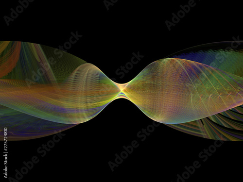 Psychedelic Funnel Abstract Illustration, Particles and Lines arranged into a smooth organic geometric shape, Rainbow Colors, Black Background. 3d Digital Art, Computer Simulation