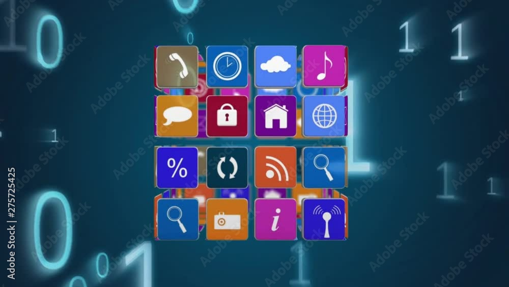 Internet icons in a cube with binary codes Internet icons in a cube with binary codes