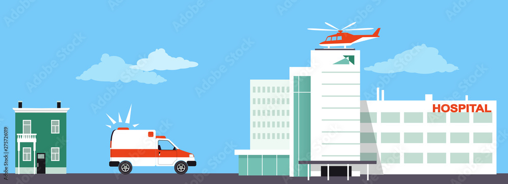 Medical transportation means including an ambulance and medical evacuation helicopter, EPS 8 vector illustration