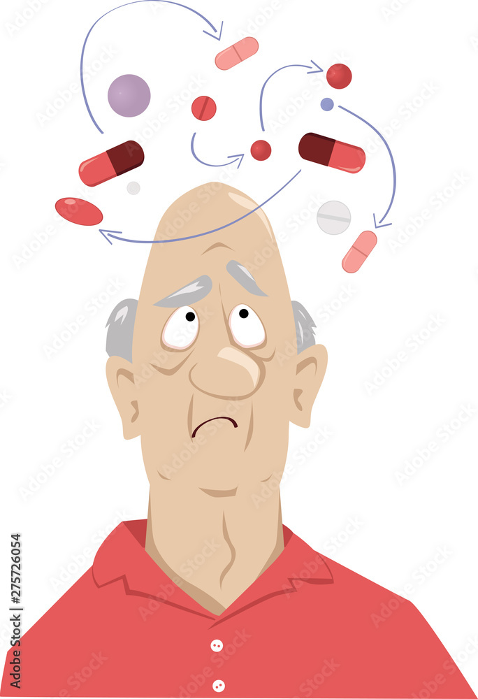 En elderly man confused by possible interaction between his medications, EPS 8 vector illustration - obrazy, fototapety, plakaty 