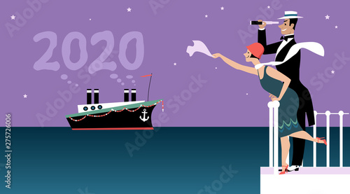 Couple dressed in 1920 fashion greeting a ship representing a new 2020 year, EPS 8 vector illustration