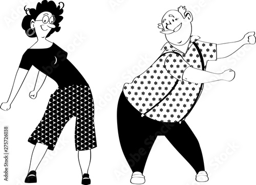 Senior couple doing a floss dance, EPS 8 black vector silhouette, no white objects