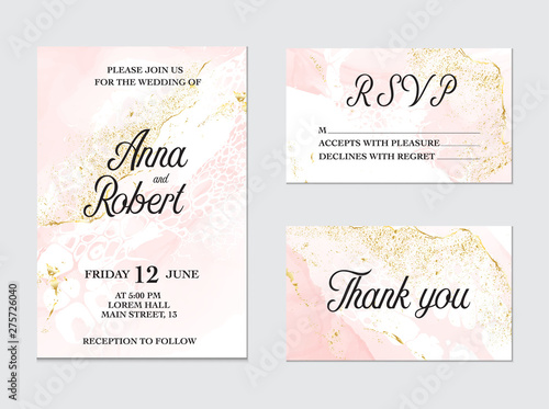 Trendy greeting card set with watercolor liquid flow. Tender ink art with gold glitter foil  splashes. Beauty salon card, wedding invitation, mood board design, vector.