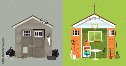 Renovation of a garden shed, before and after picture, EPS 8 vector illustration