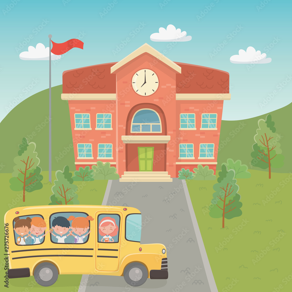 school building and bus with kids in the landscape scene