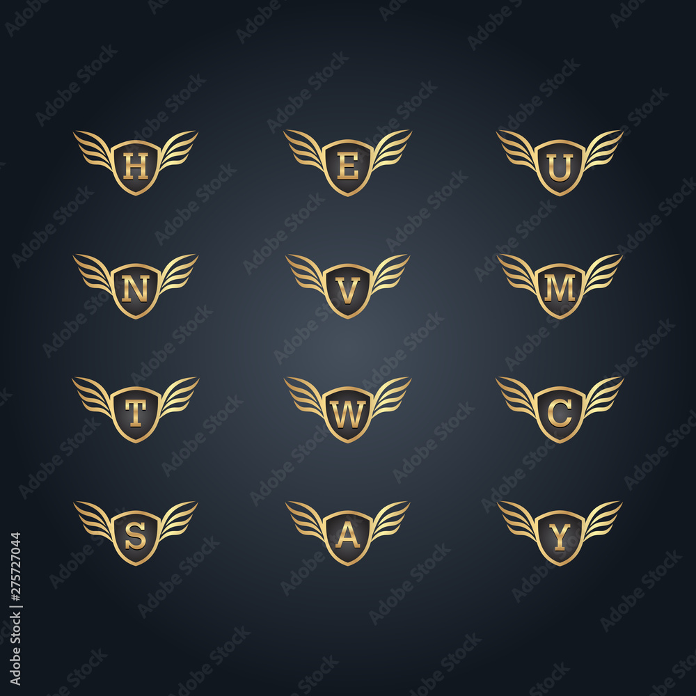 Letter logo with golden winged shield Letter logo with golden winged shield