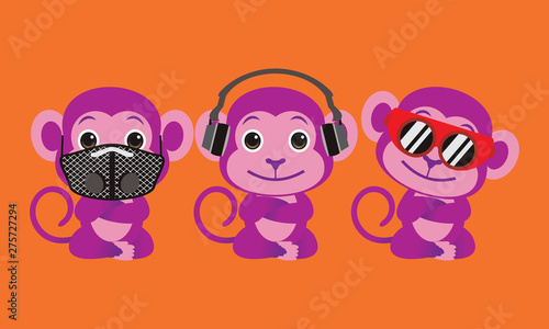 3 monkeys cartoon close mouth eye and ear vector illustration isolated