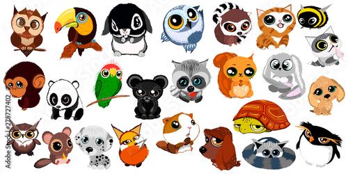 Set of cute cartoon little wild animals. Kids love. Vector collection