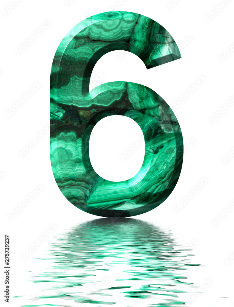 Arabic numeral 6, six, from natural green malachite, reflected on the water surface, isolated on white, 3d render Arabic numeral 6, six, from natural green malachite, reflected on the water surface, isolated on white, 3d render