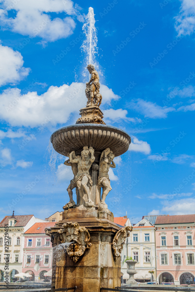 Fototapeta premium Fountain at Premysl Otakar II. square in Ceske Budejovice, Czech Republic