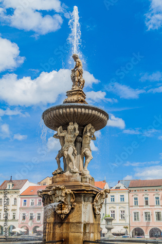 Fountain at Premysl Otakar II. square in Ceske Budejovice, Czech Republic