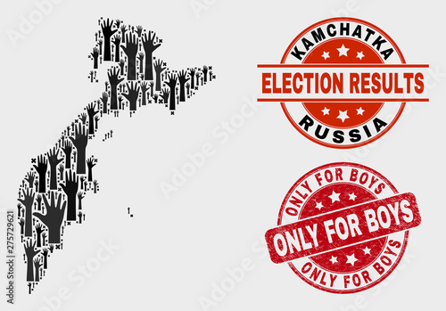 Democracy Kamchatka map and seal stamps. Red round Only for Boys scratched seal stamp. Black Kamchatka map mosaic of raised help hands. Vector composition for ballot results, with Only for Boys seal.