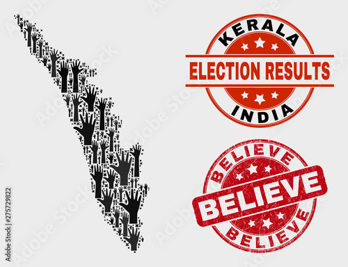 Political Kerala State map and seal stamps. Red rounded Believe textured seal. Black Kerala State map mosaic of raised volunteer hands. Vector collage for ballot results, with Believe seal.