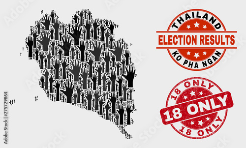 Poll Ko Pha Ngan map and seal stamps. Red rounded 18 Only scratched seal stamp. Black Ko Pha Ngan map mosaic of raised volunteer hands. Vector combination for referendum results, with 18 Only seal.