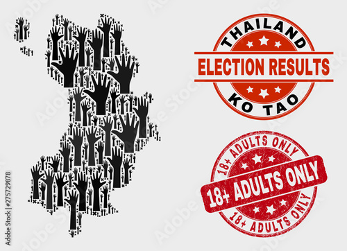 Electoral Ko Tao map and seal stamps. Red round 18+ Adults Only grunge seal stamp. Black Ko Tao map mosaic of raised referendum arms. Vector combination for election results,