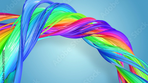 3d rendering of abstract rainbow color ribbon twisted into a circular structure on a blue background. Beautiful multicolored ribbon glitters brightly. 14 © Green Wind