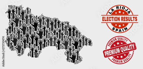 Political La Rioja of Spain map and seal stamps. Red round Premium Quality textured seal stamp. Black La Rioja of Spain map mosaic of raised vote hands. Vector collage for referendum results,