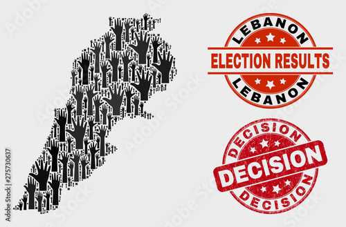 Vote Lebanon map and seals. Red round Decision textured seal stamp. Black Lebanon map mosaic of raised help arms. Vector combination for referendum results, with Decision seal stamp.