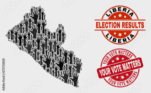 Political Liberia map and seal stamps. Red rounded Your Vote Matters scratched seal. Black Liberia map mosaic of raised electoral arms. Vector combination for referendum results,