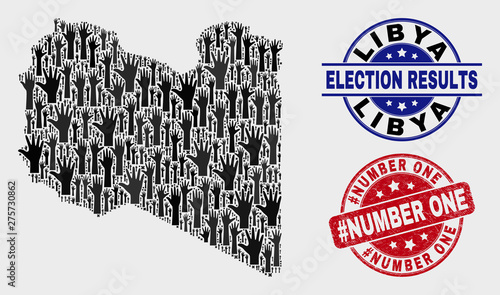 Ballot Libya map and stamps. Red rounded #Number One textured seal stamp. Black Libya map mosaic of raised referendum hands. Vector composition for referendum results, with #Number One stamp.