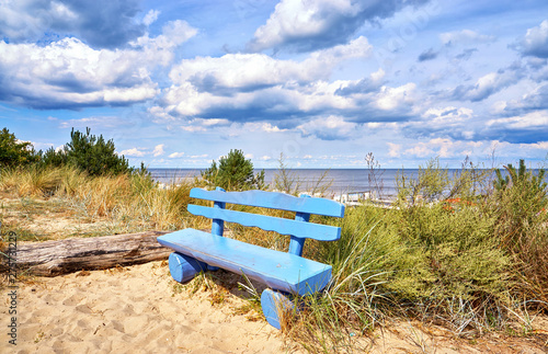 Bench on the cliff in Ückeritz on the beach. Baltic Sea in Mecklenburg-Vorpommern, Germany.