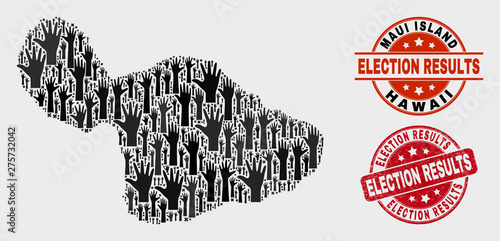 Ballot Maui Island map and seal stamps. Red round Election Results grunge seal stamp. Black Maui Island map mosaic of raised help hands. Vector composition for ballot results,