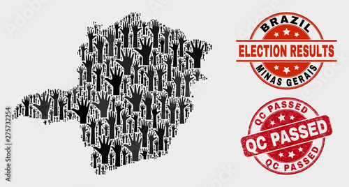 Patriotic Minas Gerais State map and seal stamps. Red round Qc Passed scratched seal stamp. Black Minas Gerais State map mosaic of raised referendum arms. Vector composition for referendum results,