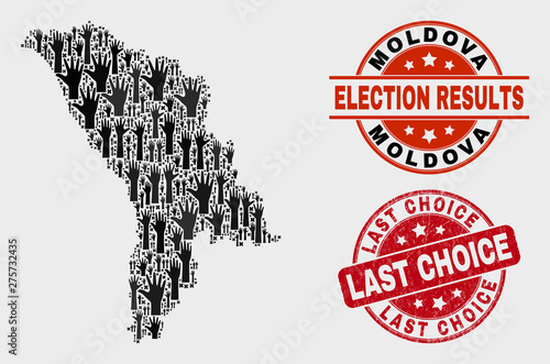 Electoral Moldova map and seal stamps. Red rounded Last Choice scratched seal. Black Moldova map mosaic of raised referendum hands. Vector combination for referendum results,