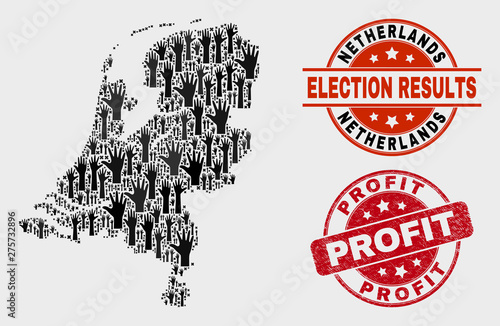 Voting Netherlands map and seal stamps. Red rounded Profit textured seal stamp. Black Netherlands map mosaic of upwards like hands. Vector combination for referendum results, with Profit seal.