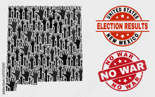 Voting New Mexico State map and seal stamps. Red round No War scratched stamp. Black New Mexico State map mosaic of raised up raising hands. Vector combination for referendum results,