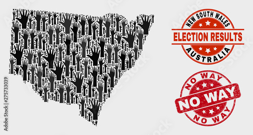 Poll New South Wales map and seal stamps. Red round No Way grunge seal stamp. Black New South Wales map mosaic of raised up selection hands. Vector composition for referendum results,