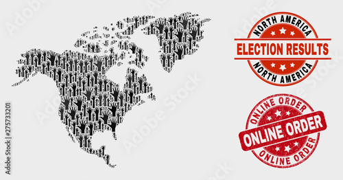 Political North America map and stamps. Red round Online Order grunge seal stamp. Black North America map mosaic of raised solution arms. Vector composition for election results,