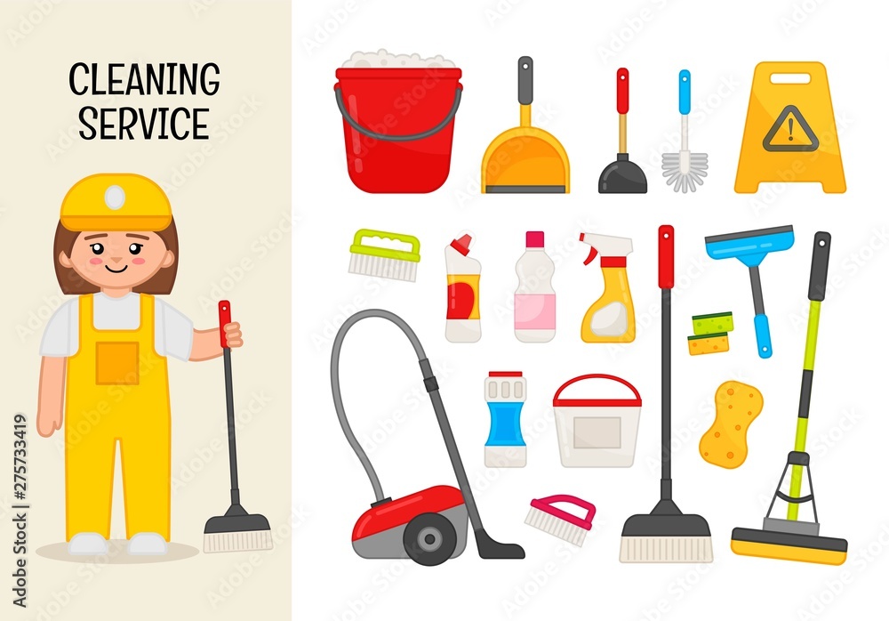 Set of cleaning equipment. House cleaning service tools vector illustration  Stock Vector